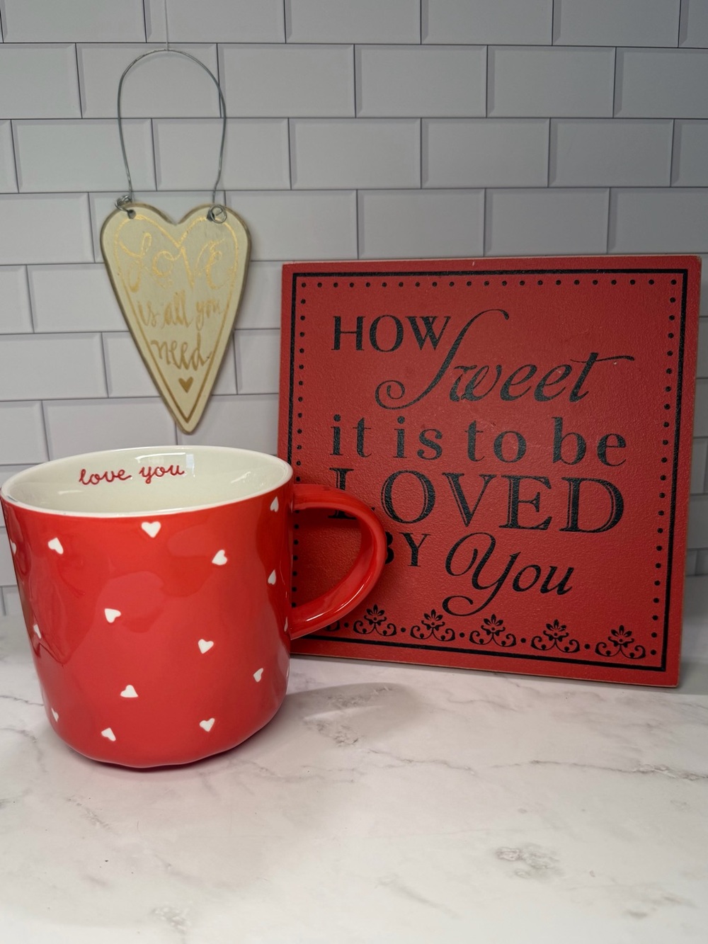 3-piece Red and Cream Valentine’s Day Decor: Sign, Mug and Wooden Ornament